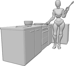 Referência de poses- Pose de cozinheiro com colher - Mulher de pé na cozinha, segurando uma panela na mão direita e uma colher de pau na mão esquerda
