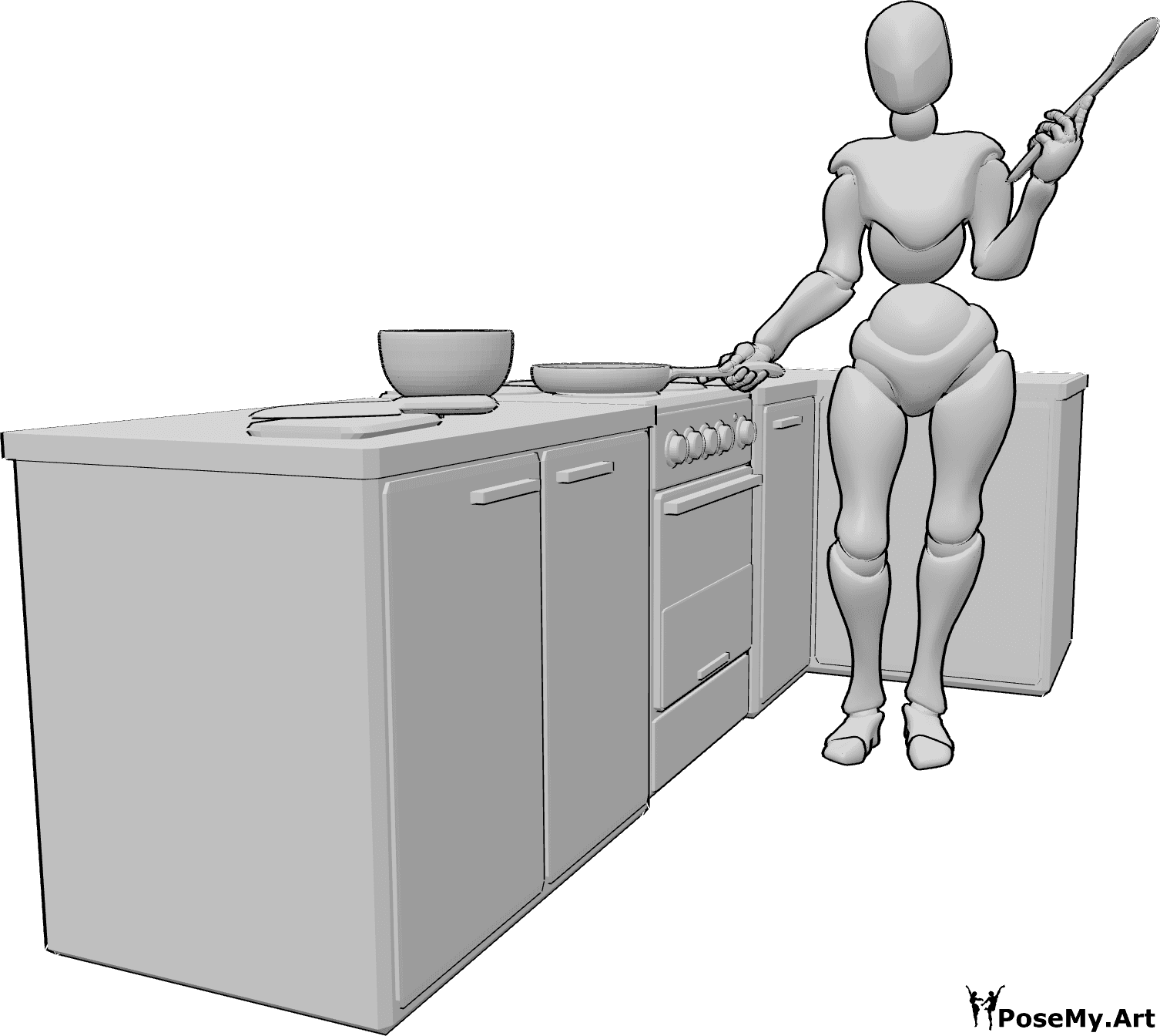 Referencia de poses- Postura de cocinero con cuchara - Mujer de pie en la cocina, con una sartén en la mano derecha y una cuchara de madera en la izquierda.