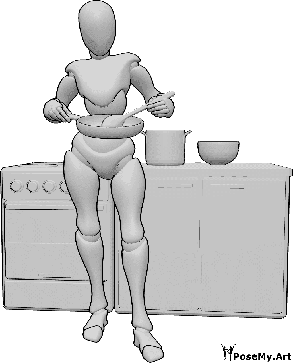 Posen-Referenz- Stehende rührende Kochpose - Frau steht, hält einen Topf in der rechten Hand und rührt mit einem Holzlöffel in der linken Hand