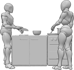 Referência de poses- Pose de casal a cozinhar - A mulher e o homem estão a cozinhar juntos, o homem está a cortar, a mulher está a mexer