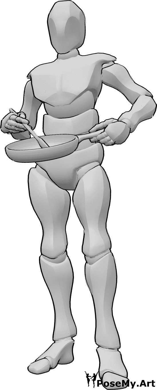 Pose Reference- Male standing stirring pose - Male is standing, holding a pan in his left hand and a wooden spoon in his right hand