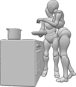 Referência de poses- Casal a cozinhar em pose de salga - A mulher e o homem estão a cozinhar juntos, o homem segura a frigideira e a mulher adiciona uma pitada de sal