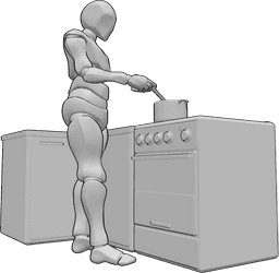 Posen-Referenz- Männliche Pose beim Kochen - Mann steht, kocht etwas in einem Kochtopf und rührt es mit einem Holzlöffel um