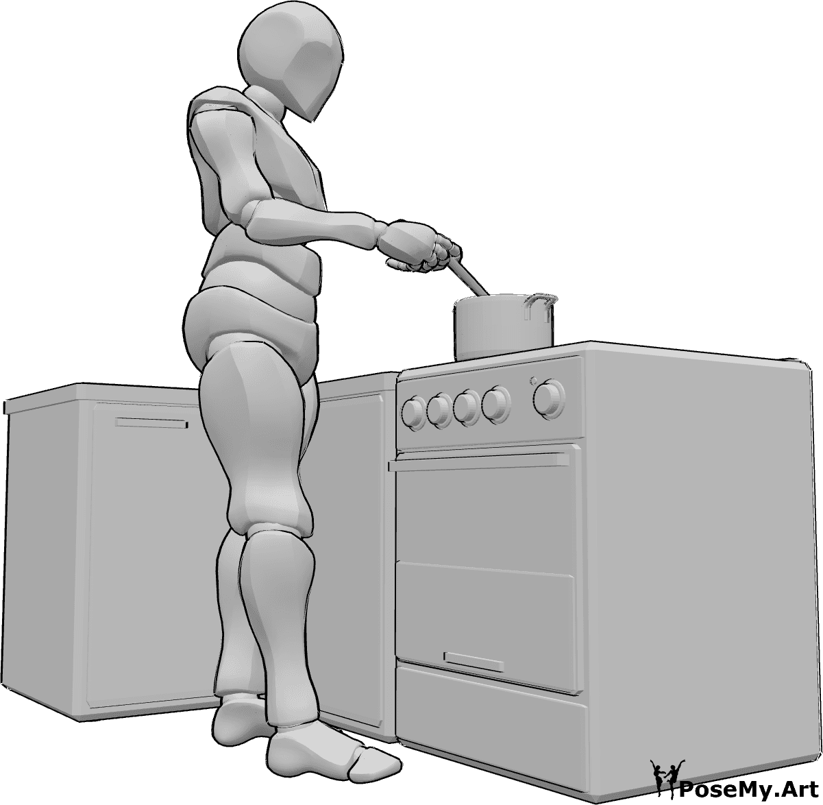 Referência de poses- Pose de cozinheiro masculino - Homem de pé, a cozinhar algo numa panela e a mexer com uma colher de pau