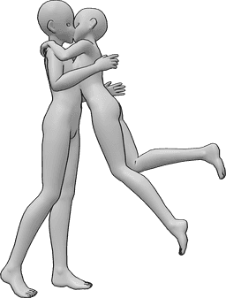 Referência de poses- Pose de beijo surpresa de anime - A fêmea de anime está a saltar e a dar um abraço e um beijo surpresa ao macho