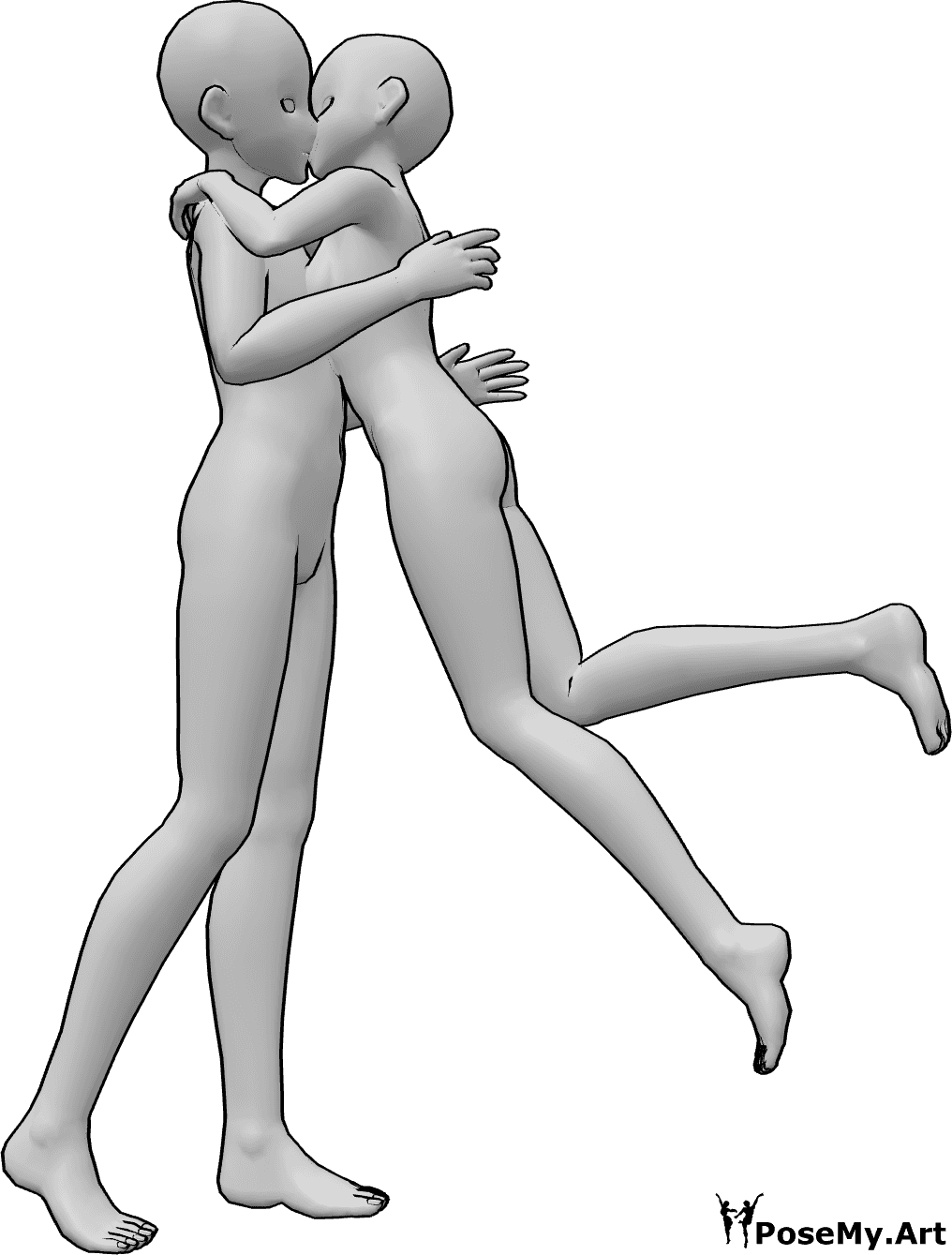 Riferimento alle pose- Posa del bacio a sorpresa in stile anime - La femmina di Anime salta e abbraccia e bacia a sorpresa il maschio.
