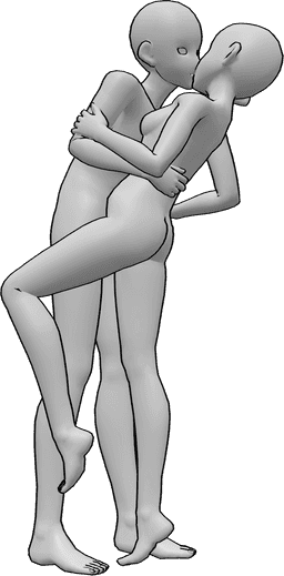 Référence des poses- Anime danse baiser pose - Une femme et un homme d'animation dansent, s'enlacent et s'embrassent, pose de baiser romantique.