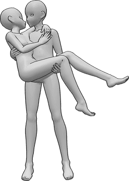 Referência de poses- Anime em pose de beijo - O homem de anime segura a mulher nos braços, olham um para o outro e beijam-se
