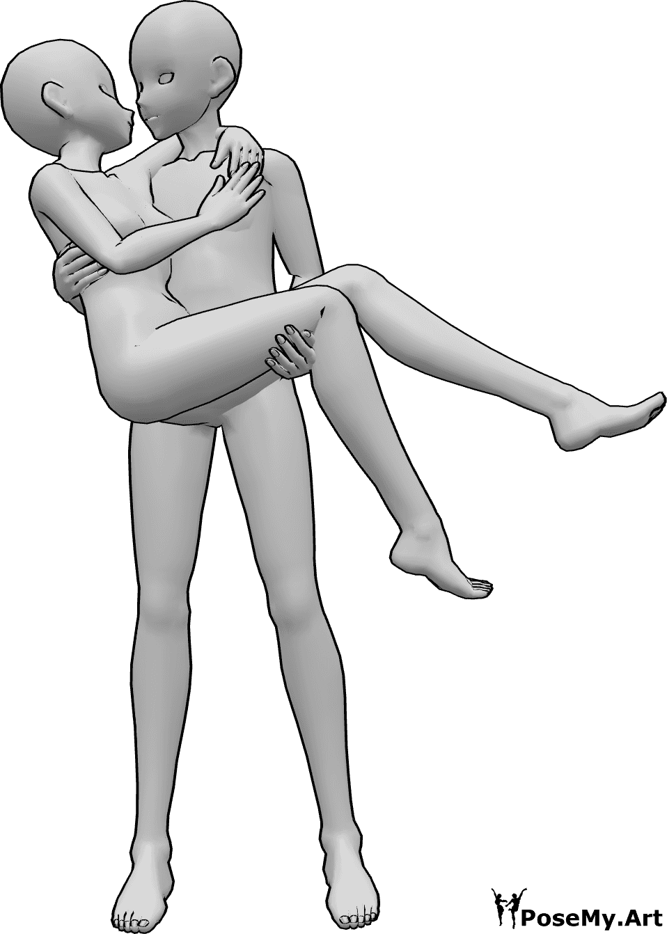 Riferimento alle pose- Anime che si baciano - Il maschio Anime tiene in braccio la femmina, si guardano e si baciano.