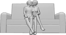 Referencia de poses- Anime sentado besando pose - Anime pareja está sentada en el sofá y besándose, anime pareja besándose pose