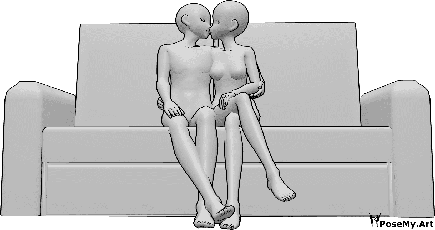 Referencia de poses- Anime sentado besando pose - Anime pareja está sentada en el sofá y besándose, anime pareja besándose pose