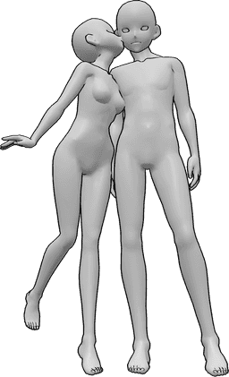 Riferimento alle pose- Posa del bacio sulla guancia in stile anime - La donna e l'uomo sono in piedi e la donna dà un bacio sulla guancia.