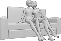 Pose Reference- Sitting cheek kissing pose - Anime female and male are sitting on the couch, the female is giving a kiss on the cheek