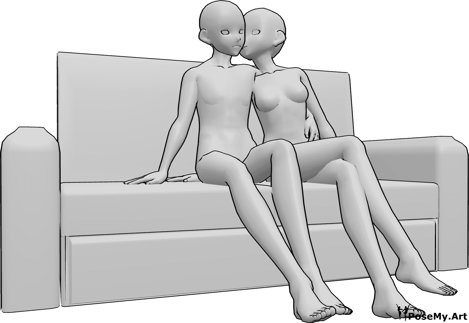 Riferimento alle pose- Posa del bacio sulla guancia da seduti - Una donna e un uomo sono seduti sul divano e la donna dà un bacio sulla guancia.