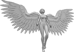 Référence des poses- Anime ange volant pose - Femme animée avec des ailes d'ange volant, regardant vers le haut, pose de vol animée