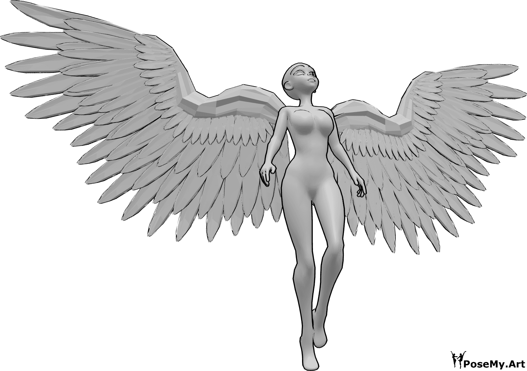 Riferimento alle pose- Anime angelo che vola in posa - Anime femmina con ali d'angelo sta volando, guardando verso l'alto, anime posa di volo