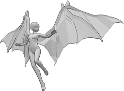 Référence des poses- Pose de vol à l'allure d'un film d'animation - Une femme animée avec des ailes de diable vole et regarde vers la gauche.