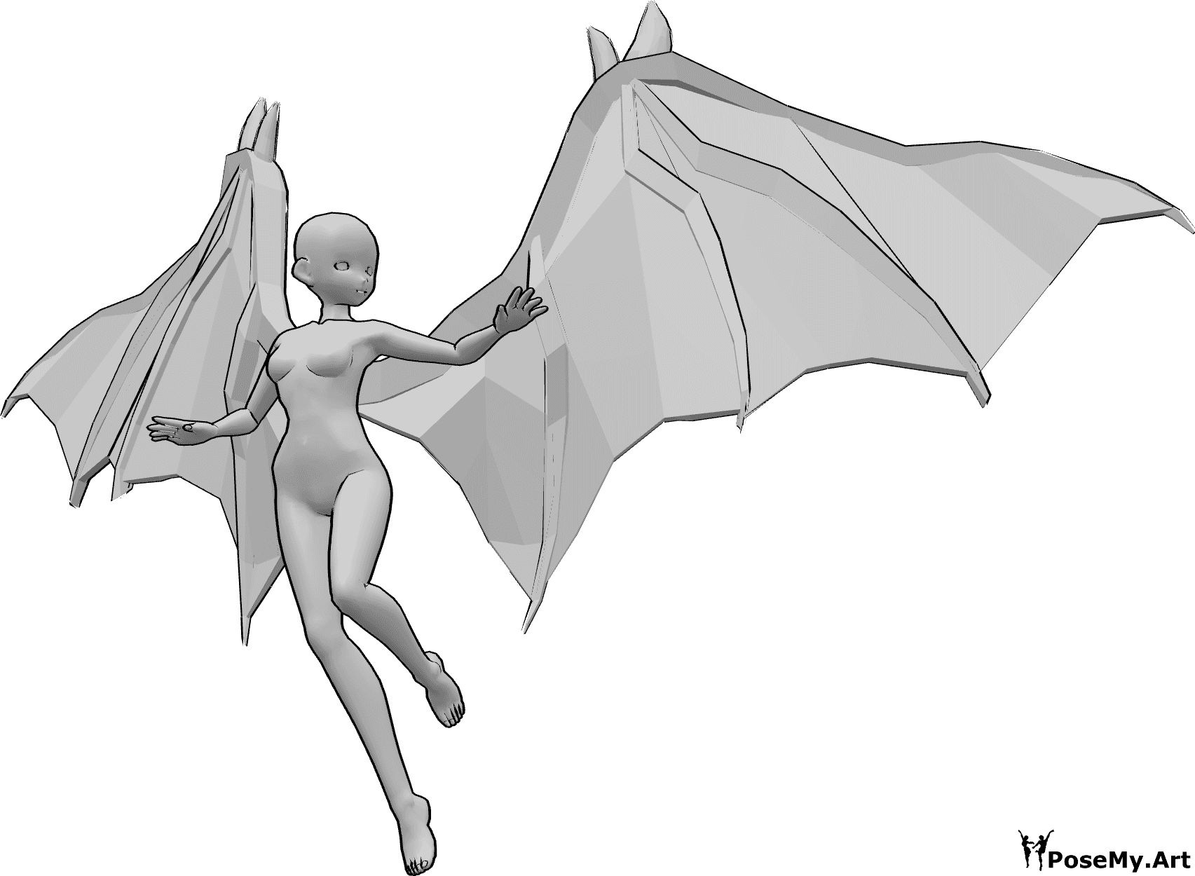 Référence des poses- Pose de vol à l'allure d'un film d'animation - Une femme animée avec des ailes de diable vole et regarde vers la gauche.