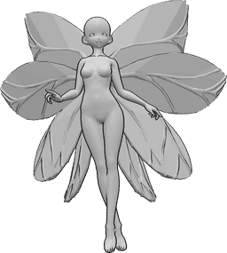 Referência de poses- Pose de fada de anime a voar - Anime feminino com asas de fada está a voar, olhando para a frente, com as pernas cruzadas