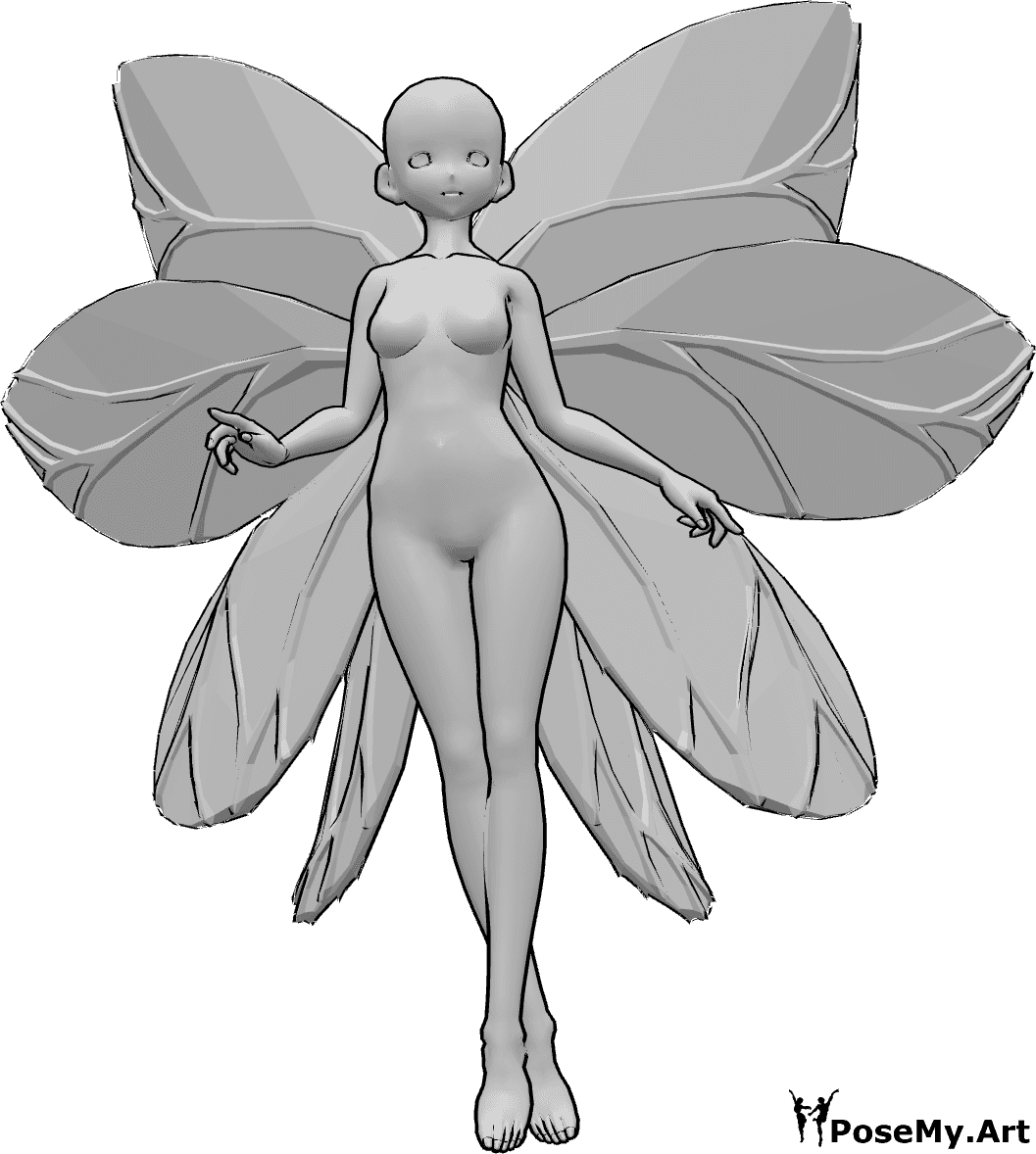 Référence des poses- Anime fée volant pose - Une femme animée avec des ailes de fée vole en regardant vers l'avant, ses jambes sont croisées.
