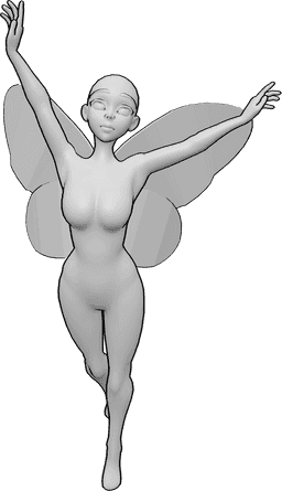 Referência de poses- Pose de voo feliz de anime - Mulher anime feliz com pequenas asas de fada está a voar, levantando as mãos para o alto