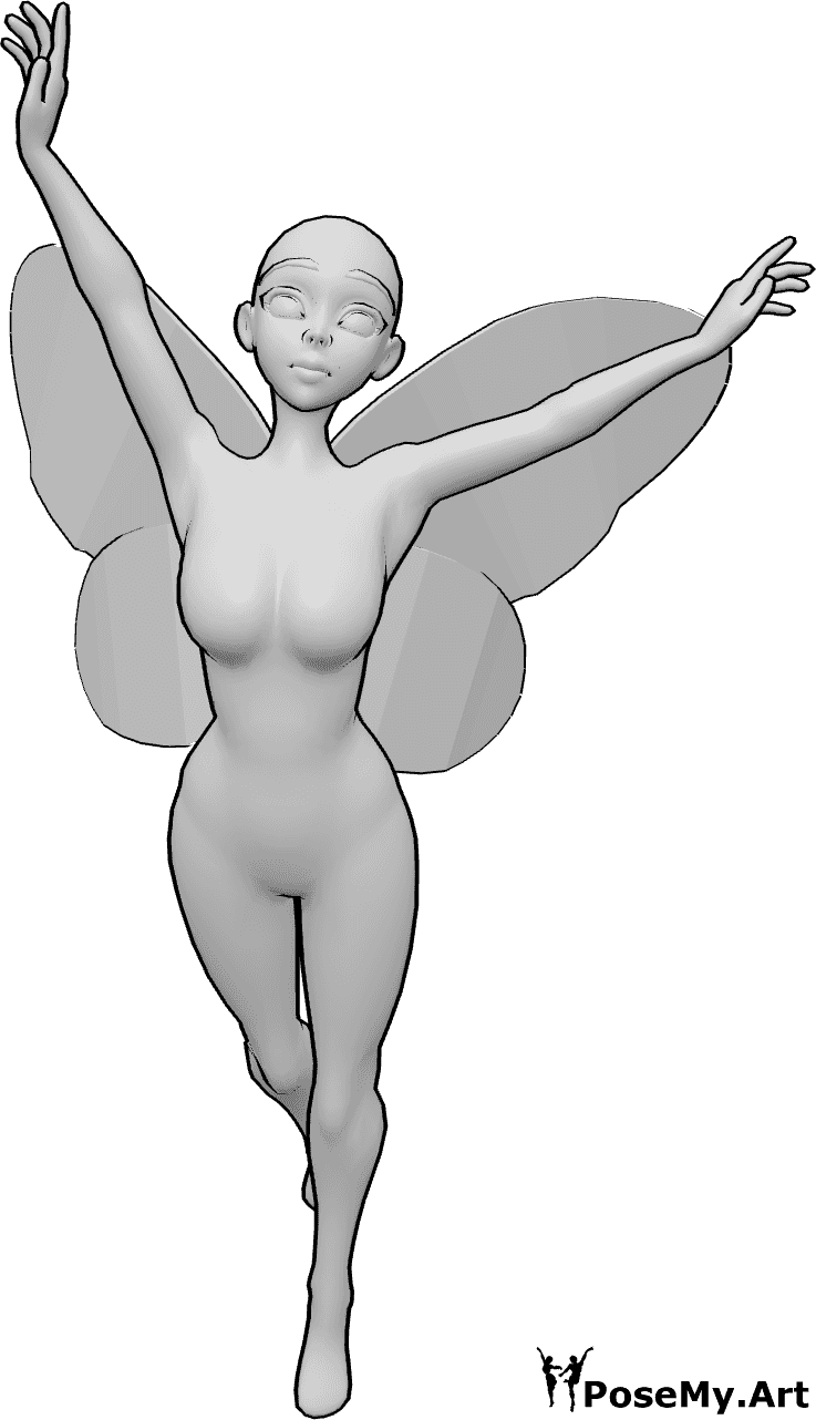 Référence des poses- Pose de vol heureuse de l'anime - Une femme animée heureuse avec de petites ailes de fée vole en levant les mains bien haut.