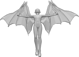 Posen-Referenz- Anime Teufel fliegende Pose - Anime-Männchen mit Teufelsflügeln fliegt, schaut nach oben und hebt die Hände