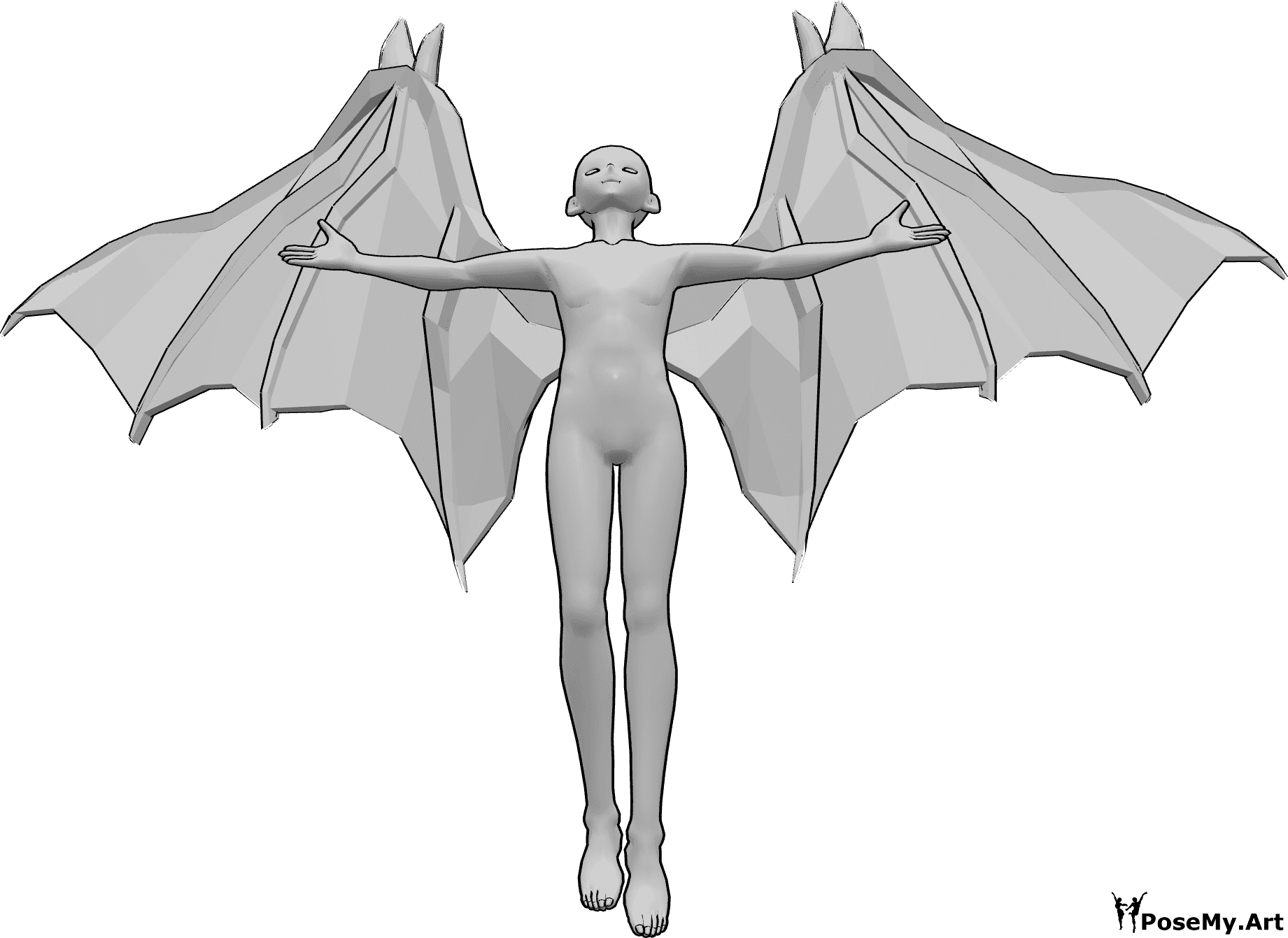 Referencia de poses- Anime diablo volando pose - Anime masculino con alas de diablo está volando, mirando hacia arriba y levantando las manos