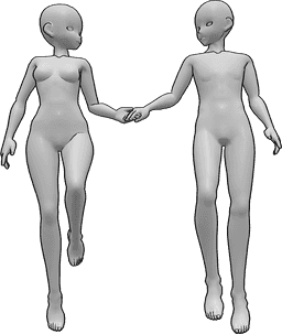 Referência de poses- Pose de voo de homem e mulher - Anime feminino e masculino seguram as mãos um do outro e voam
