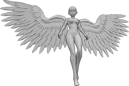 Référence des poses- Pose de vol avec regard vers le bas - Femme animée avec des ailes d'ange volant et regardant vers le bas, pose de vol animée