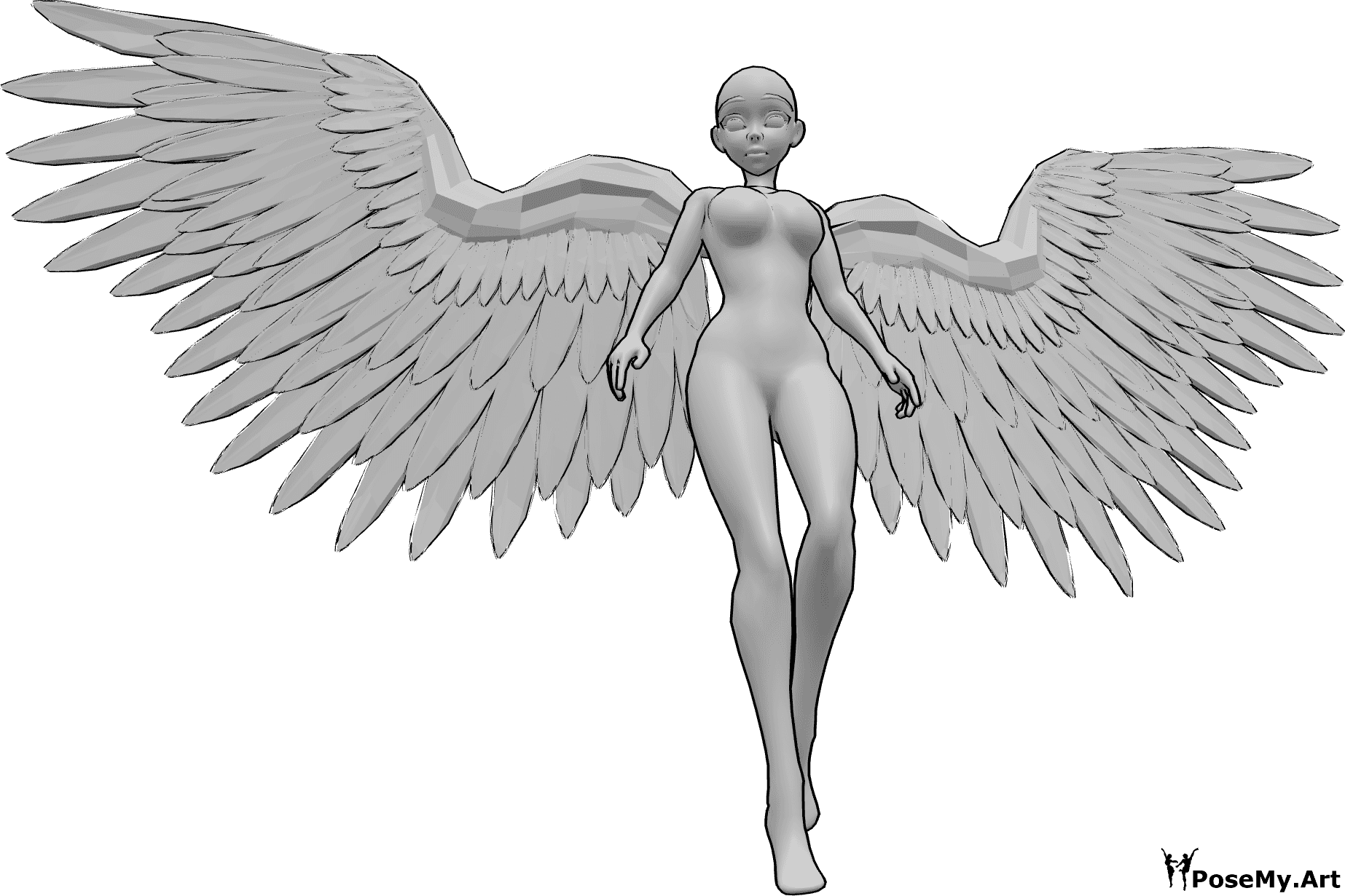 Référence des poses- Pose de vol avec regard vers le bas - Femme animée avec des ailes d'ange volant et regardant vers le bas, pose de vol animée