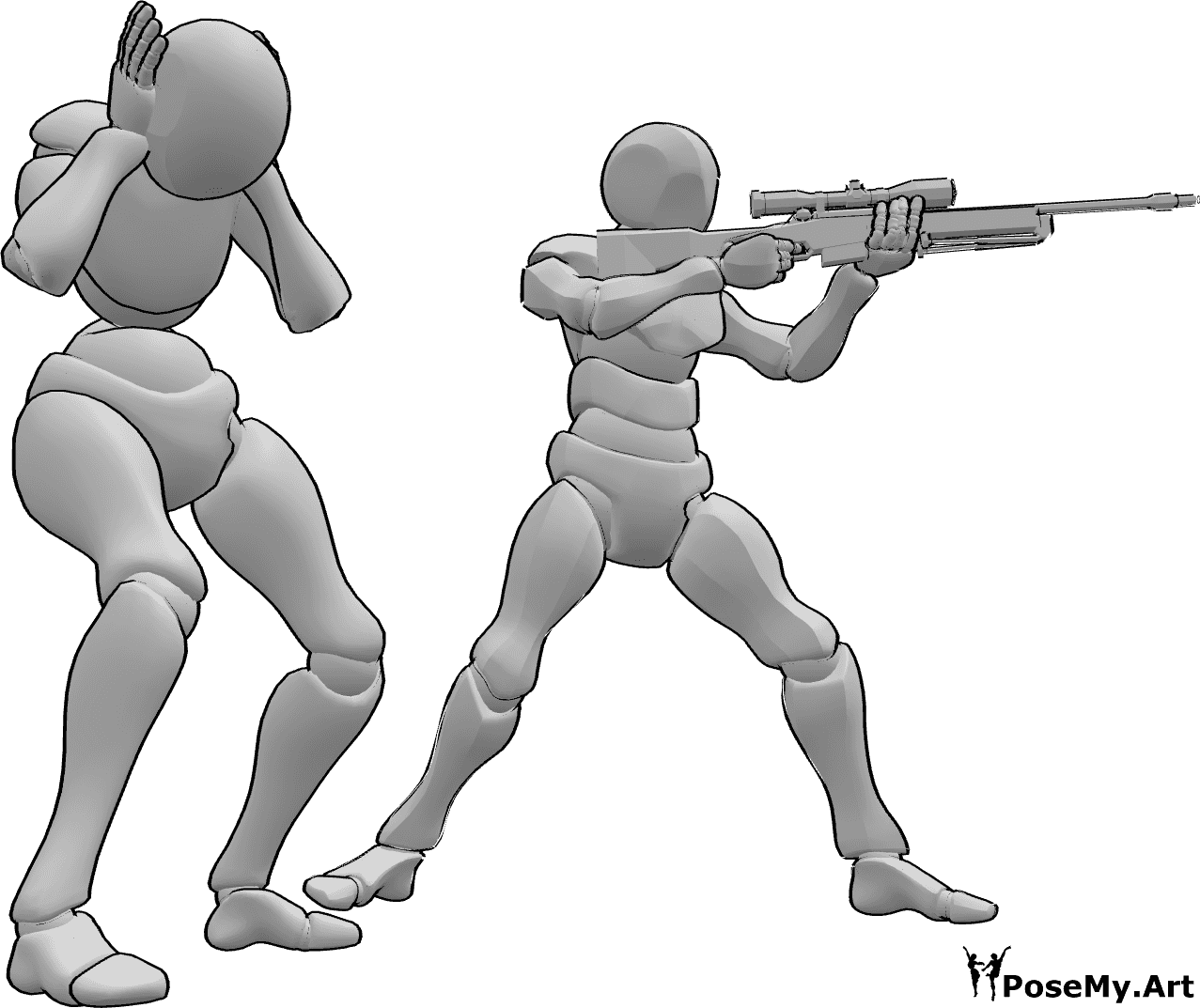 Posen-Referenz- Weiblich männlich schießende Pose - Das Männchen schießt und das Männchen bekommt Angst