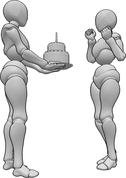 Referência de poses- Fazer pose de bolo de aniversário - Uma mulher está a oferecer um bolo de aniversário à outra mulher, que está muito entusiasmada