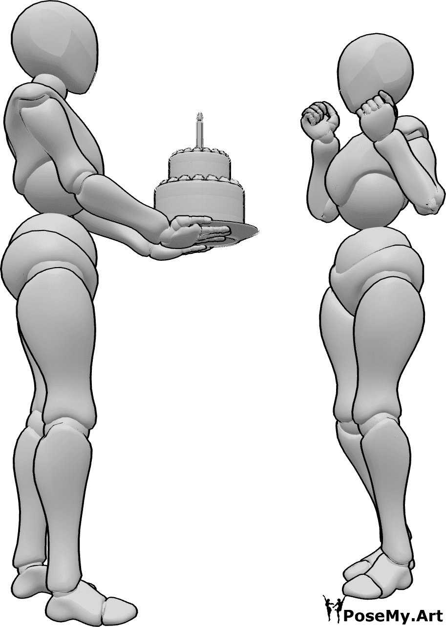 Referencia de poses- Posando para la tarta de cumpleaños - Una hembra le da una tarta de cumpleaños a la otra, que está muy emocionada.