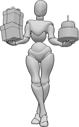 Referencia de poses- Regalos de tarta de cumpleaños posar - Mujer de pie con las piernas cruzadas y sosteniendo una tarta de cumpleaños y algunos regalos.