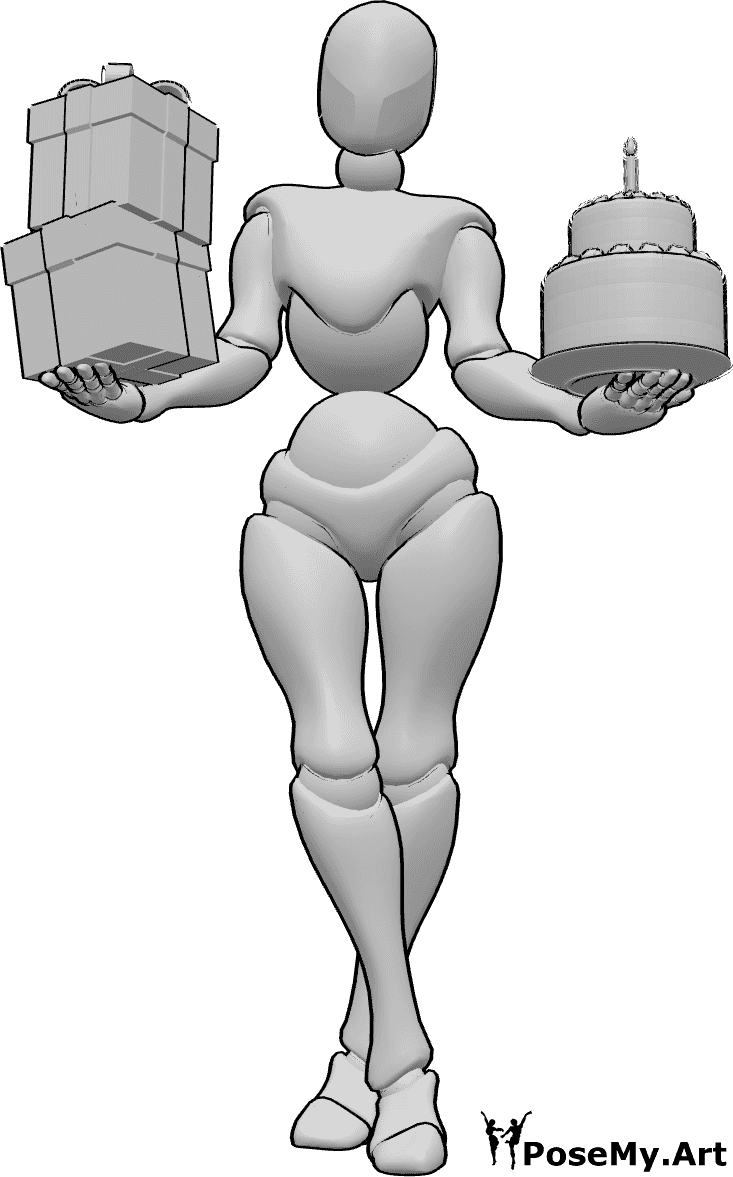 Pose Reference- Birthday cake gifts pose - Female is standing with her legs crossed and holding a birthday cake and some presents