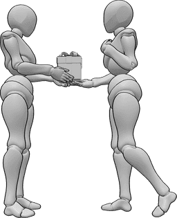 Referencia de poses- Postura de regalo de cumpleaños - Una mujer hace un regalo de cumpleaños a otra mujer, referencia de dibujo de cumpleaños