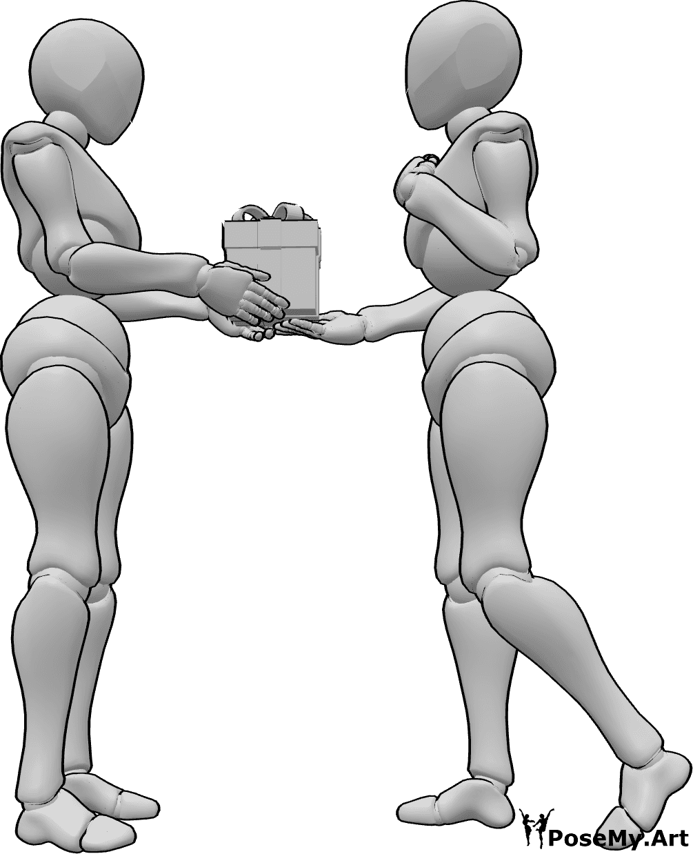 Referencia de poses- Postura de regalo de cumpleaños - Una mujer hace un regalo de cumpleaños a otra mujer, referencia de dibujo de cumpleaños