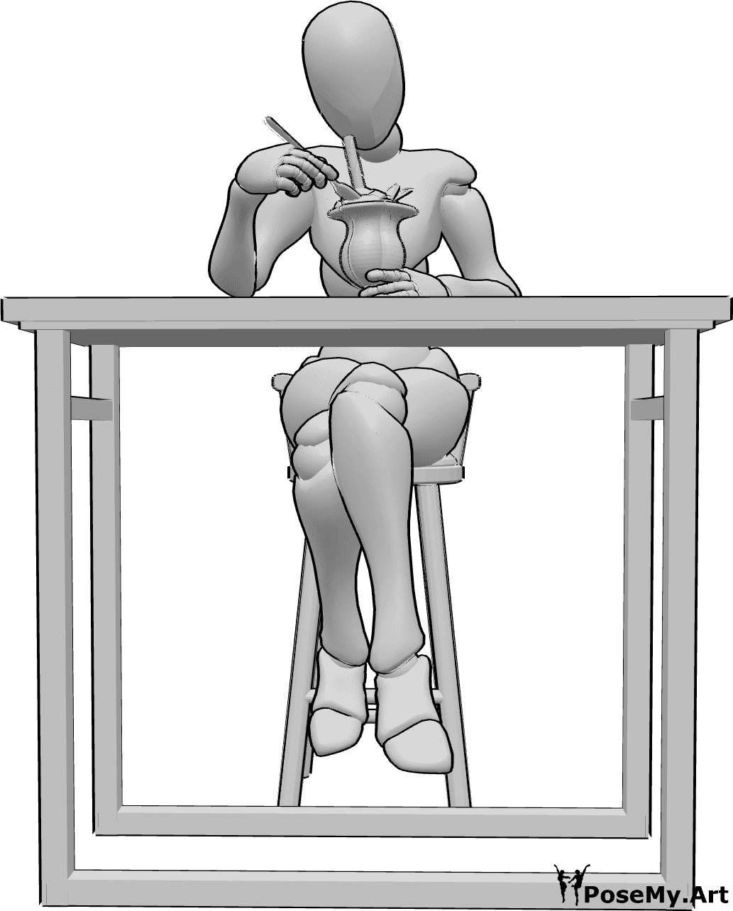 Référence des poses- Pose de crème glacée - Femme assise en train de manger, tenant une glace dans une coupe en verre, mangeant la glace avec une cuillère.