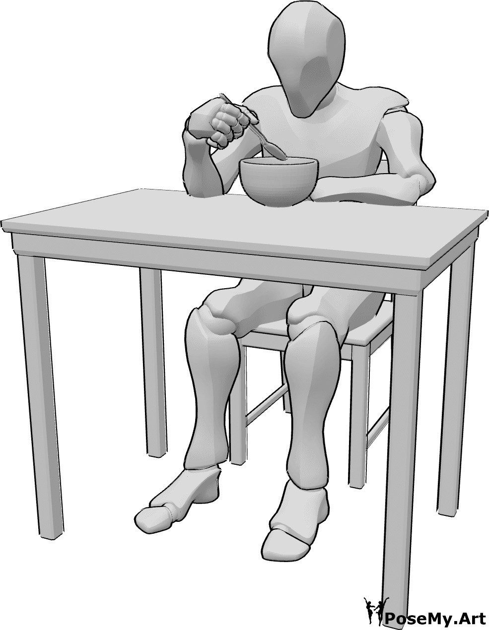 Referência de poses- Homem sentado a comer pose - O homem está sentado à mesa e come de uma tigela, segurando a colher com a mão direita