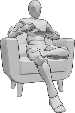 Referencia de poses- Postura cómoda para comer sentado - Varón sentado en un sillón comiendo de un plato con un tenedor en la mano derecha.