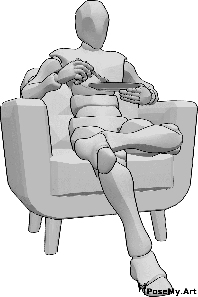Posen-Referenz- Bequeme Essenshaltung im Sitzen - Ein Mann sitzt in einem Sessel und isst von einem Teller mit einer Gabel in seiner rechten Hand.