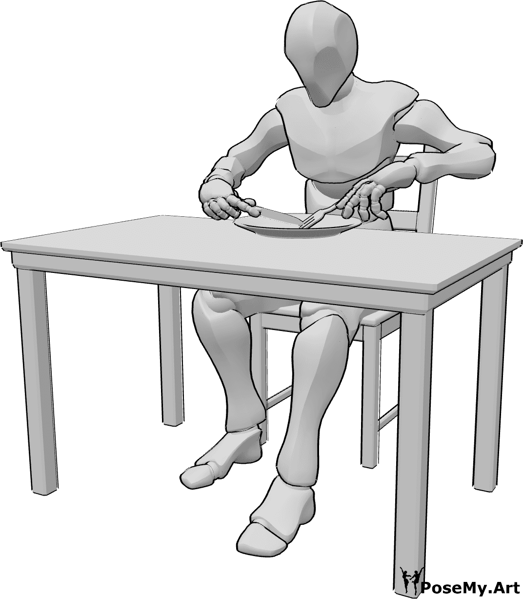 Referencia de poses- Masculino comiendo pose - Varón sentado a la mesa del comedor y comiendo, con tenedor y cuchillo, comiendo referencia