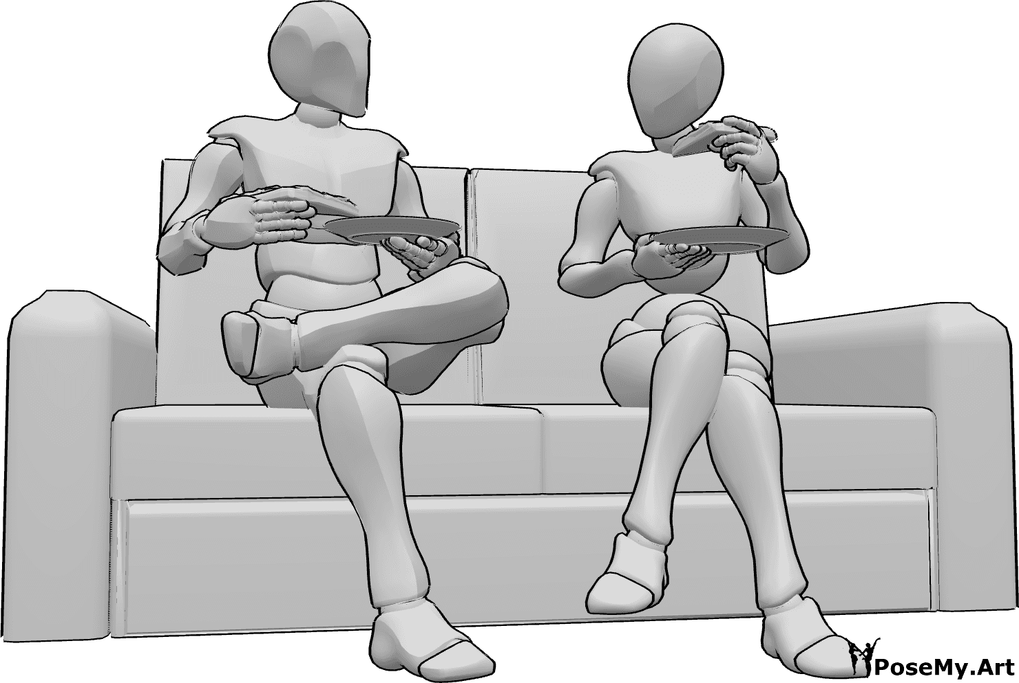 Referência de poses- Pose de pizza sentada - Uma mulher e um homem estão sentados no sofá a comer pizza, segurando pratos e fatias de pizza