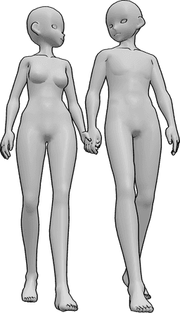 Riferimento alle pose- Coppia di anime che cammina in posa - Una donna e un uomo in stile anime camminano insieme, tenendosi per mano
