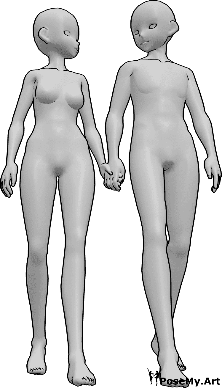 Referência de poses- Pose de casal de anime a caminhar - Anime feminino e masculino caminham juntos, segurando as mãos um do outro