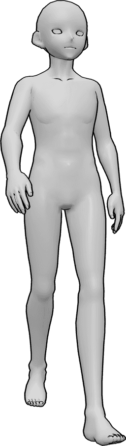 Posen-Referenz- Männlich lässige Gehpose - Anime-Männchen geht ruhig, lässig und nach vorne schauend