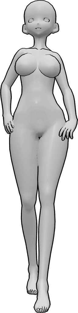 Référence des poses- Anime, pose de marche confiante - Une femme animée marche avec assurance, les mains sur les hanches et le regard tourné vers l'avant.