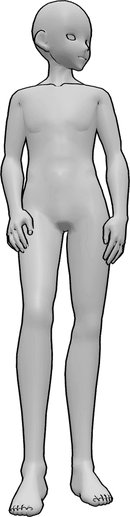Référence des poses- Pose de l'anime marchant lentement - Un homme blanc marche lentement, les mains dans les poches, en regardant vers la gauche.