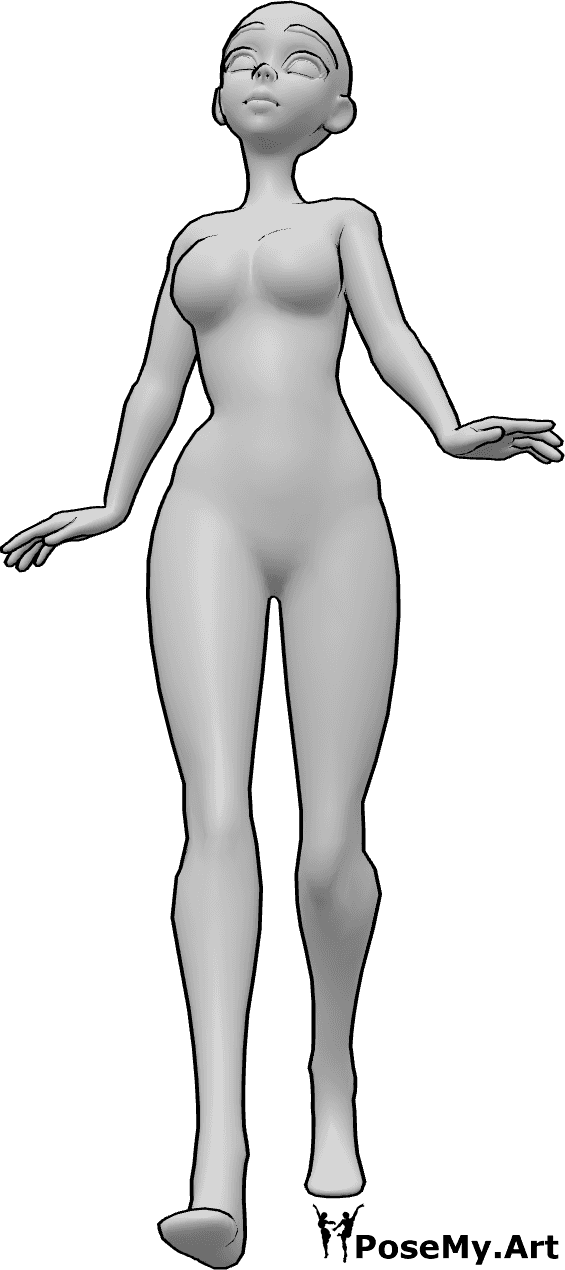 Référence des poses- Pose de marche mignonne de l'anime - Femme animée joyeuse marchant, regardant vers le haut, pose de marche animée mignonne